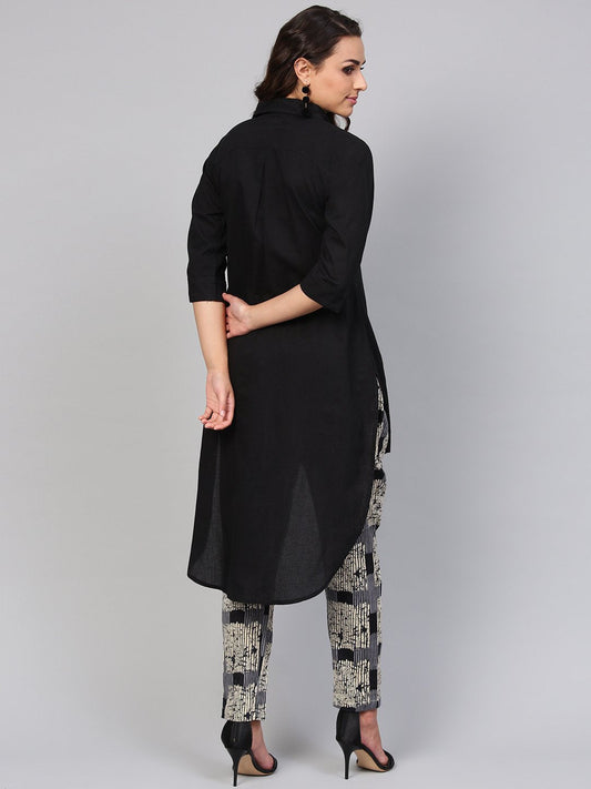 Solid Black High-Low Kurta Set With Printed Pants | LASVINI - Redefining Indian Fashion with Elegance