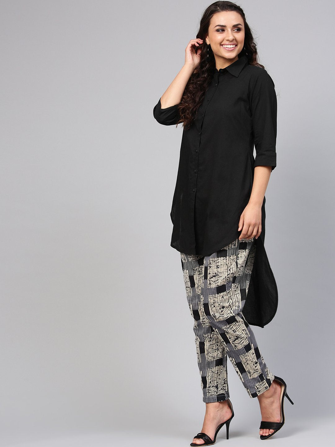 Solid Black High-Low Kurta Set With Printed Pants | LASVINI - Redefining Indian Fashion with Elegance