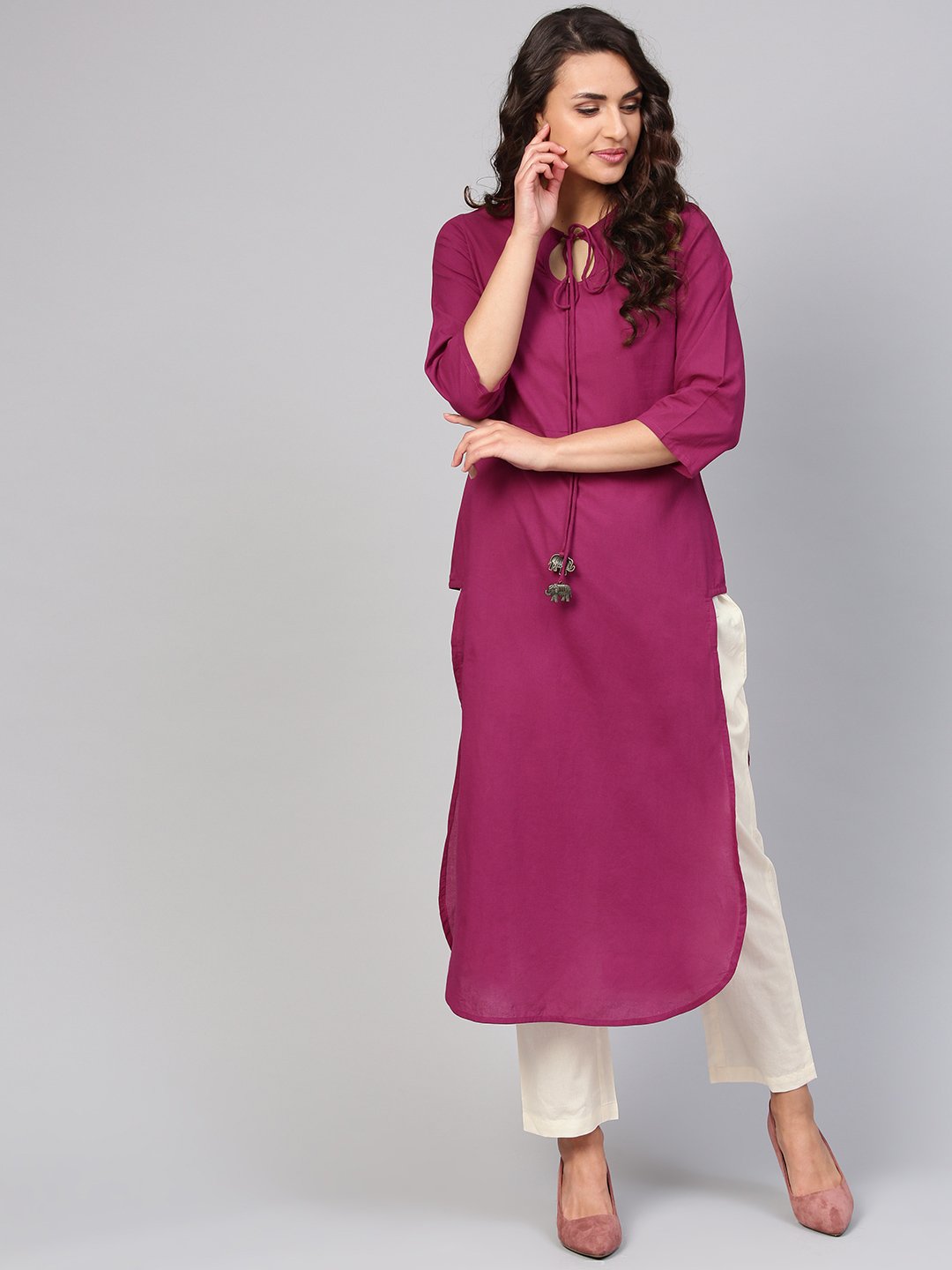 Solid Burgundy Kurta With Keyhole Neck & 3/4 Sleeves | LASVINI - Redefining Indian Fashion with Elegance