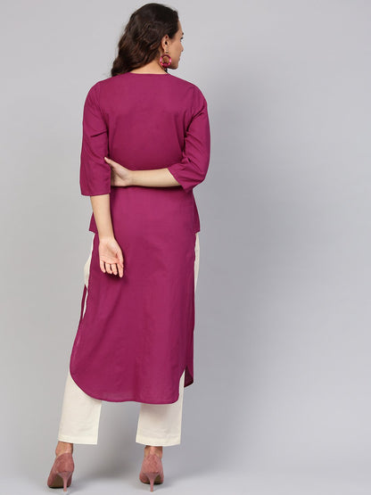 Solid Burgundy Kurta With Keyhole Neck & 3/4 Sleeves | LASVINI - Redefining Indian Fashion with Elegance