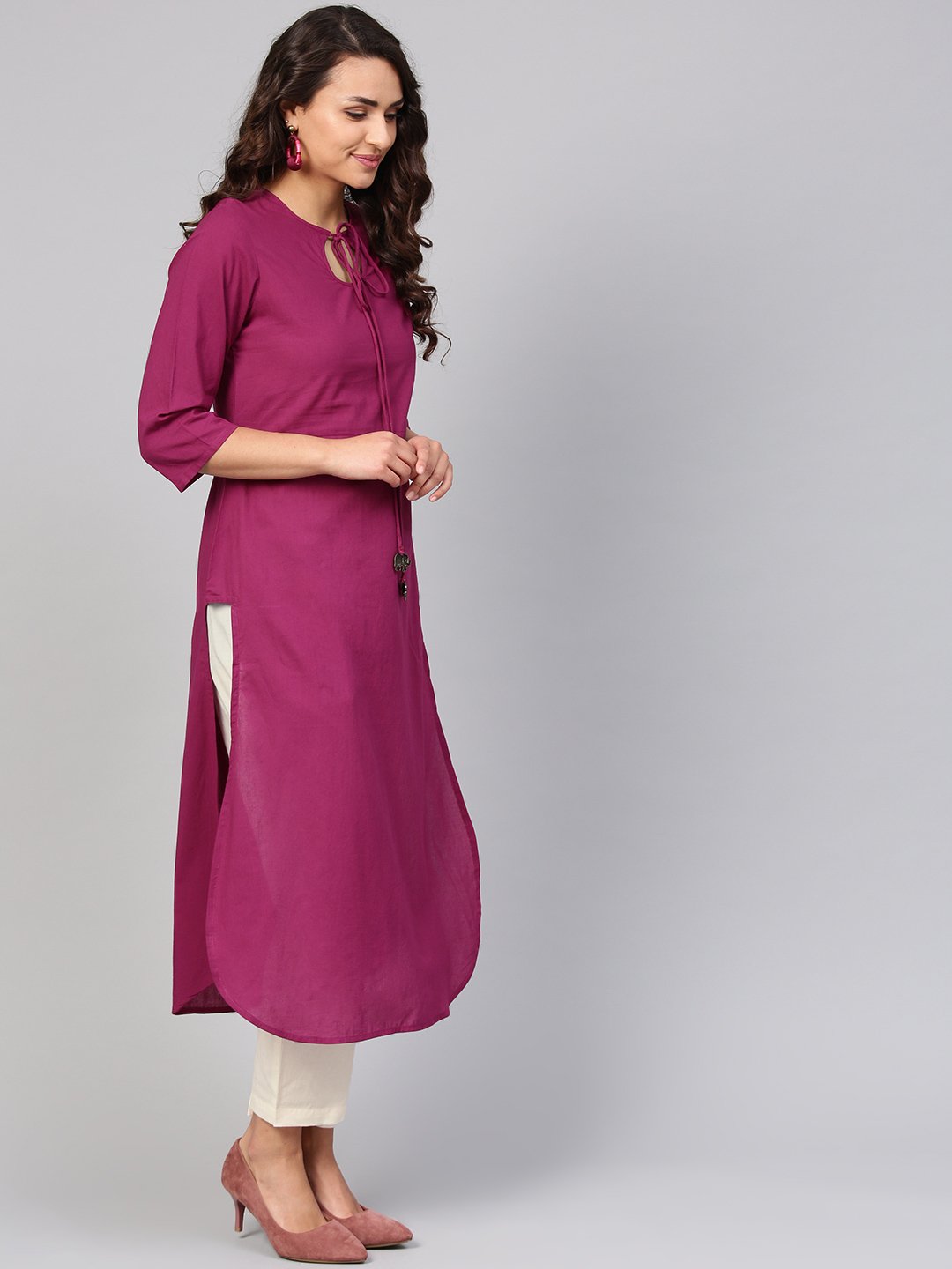 Solid Burgundy Kurta With Keyhole Neck & 3/4 Sleeves | LASVINI - Redefining Indian Fashion with Elegance