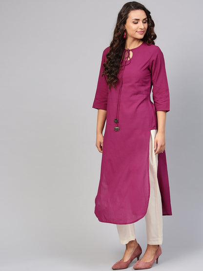 Solid Burgundy Kurta With Keyhole Neck & 3/4 Sleeves | LASVINI - Redefining Indian Fashion with Elegance