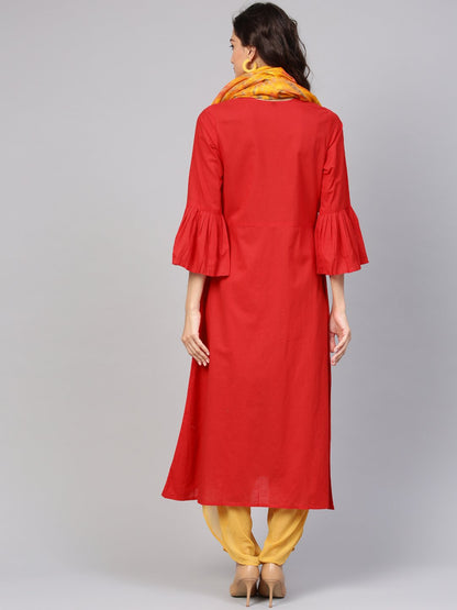 Solid Maroon Kurta With Flared Sleeves & Tie Dye Stole | LASVINI - Redefining Indian Fashion with Elegance