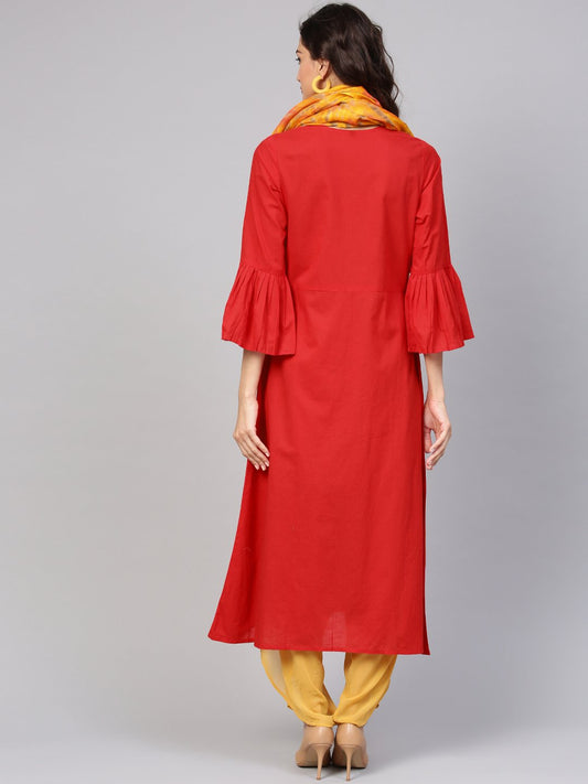 Solid Maroon Kurta With Flared Sleeves & Tie Dye Stole | LASVINI - Redefining Indian Fashion with Elegance