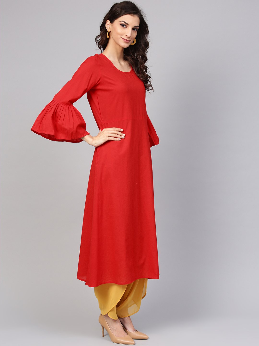 Solid Maroon Kurta With Flared Sleeves & Tie Dye Stole | LASVINI - Redefining Indian Fashion with Elegance