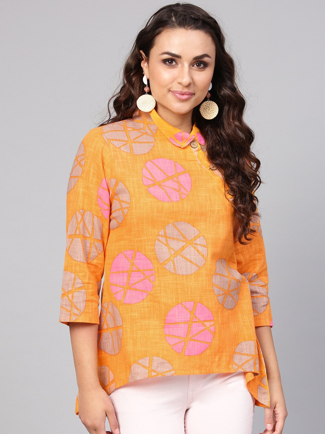 Geometric Printed Yellow Cotton Tunic With Side Placket & 3/4 Sleeves | LASVINI - Redefining Indian Fashion with Elegance