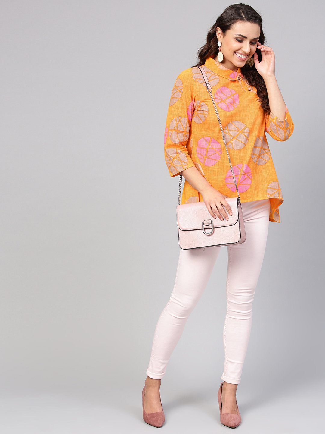 Geometric Printed Yellow Cotton Tunic With Side Placket & 3/4 Sleeves | LASVINI - Redefining Indian Fashion with Elegance