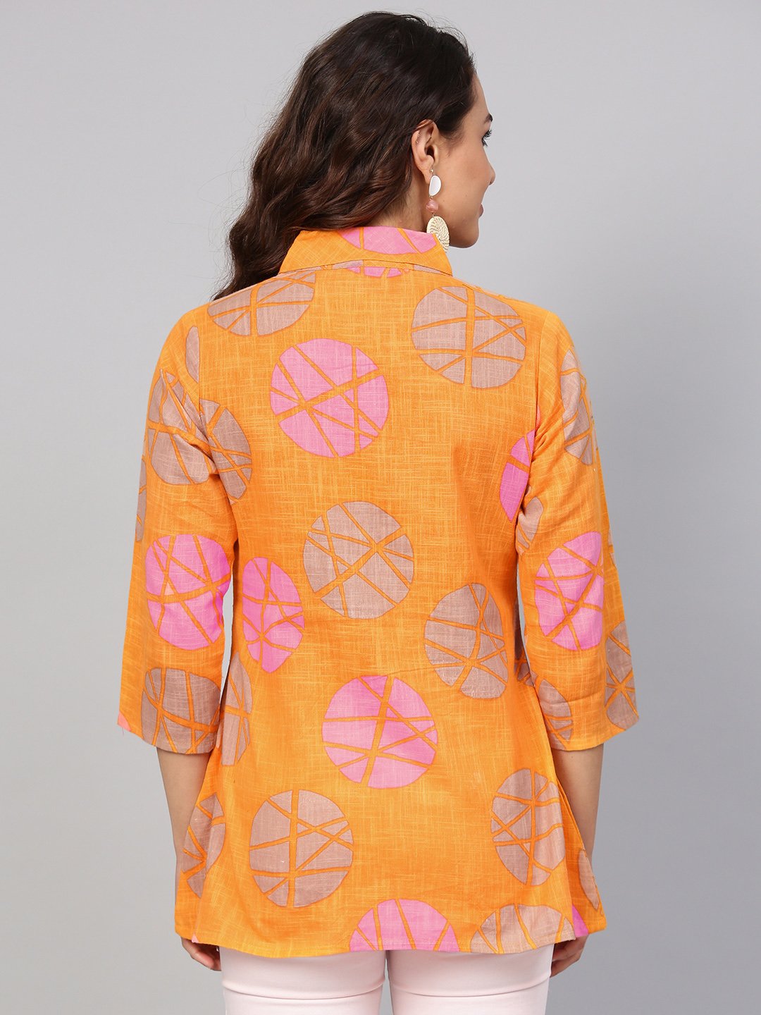 Geometric Printed Yellow Cotton Tunic With Side Placket & 3/4 Sleeves | LASVINI - Redefining Indian Fashion with Elegance