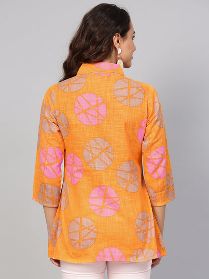 Geometric Printed Yellow Cotton Tunic With Side Placket & 3/4 Sleeves | LASVINI - Redefining Indian Fashion with Elegance