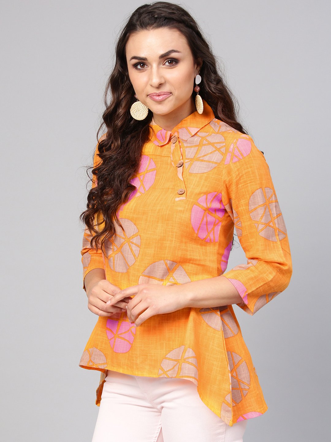 Geometric Printed Yellow Cotton Tunic With Side Placket & 3/4 Sleeves | LASVINI - Redefining Indian Fashion with Elegance