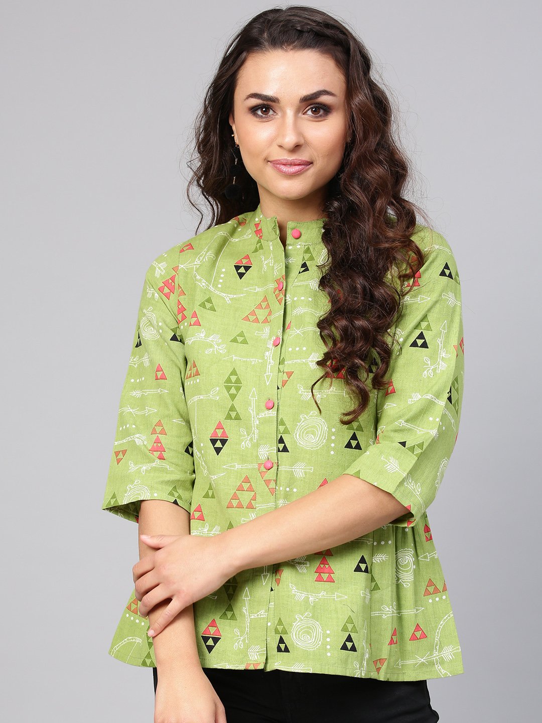 Light Green Tribal Print Tunic With Mandarin Collar & 3/4 Sleeves | LASVINI - Redefining Indian Fashion with Elegance