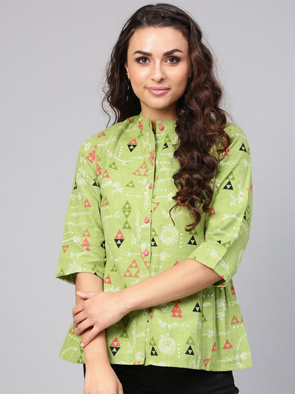 Light Green Tribal Print Tunic With Mandarin Collar & 3/4 Sleeves | LASVINI - Redefining Indian Fashion with Elegance