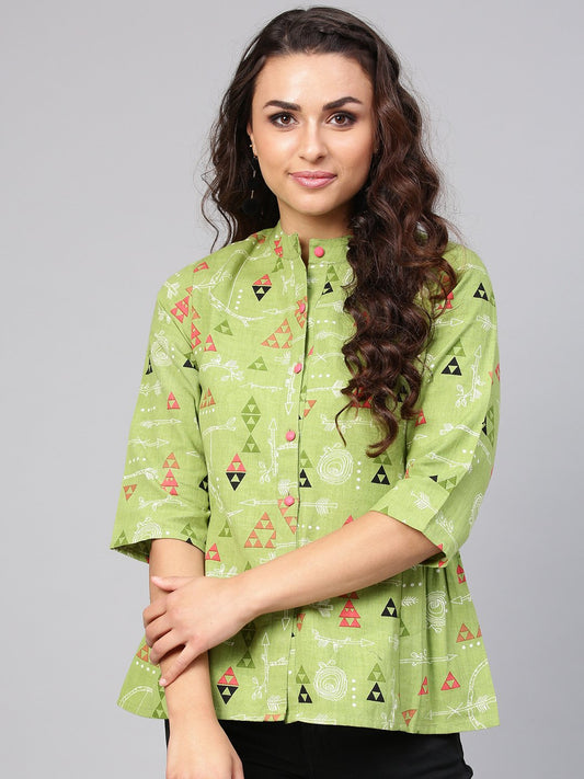 Light Green Tribal Print Tunic With Mandarin Collar & 3/4 Sleeves | LASVINI - Redefining Indian Fashion with Elegance