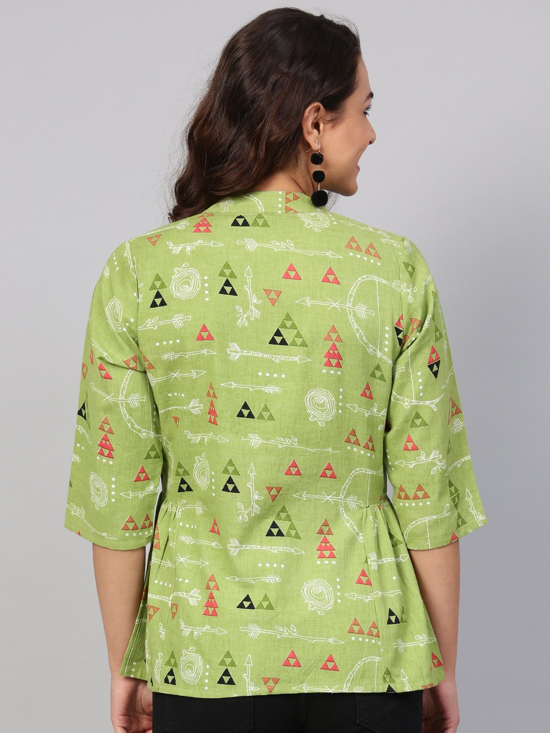 Light Green Tribal Print Tunic With Mandarin Collar & 3/4 Sleeves | LASVINI - Redefining Indian Fashion with Elegance