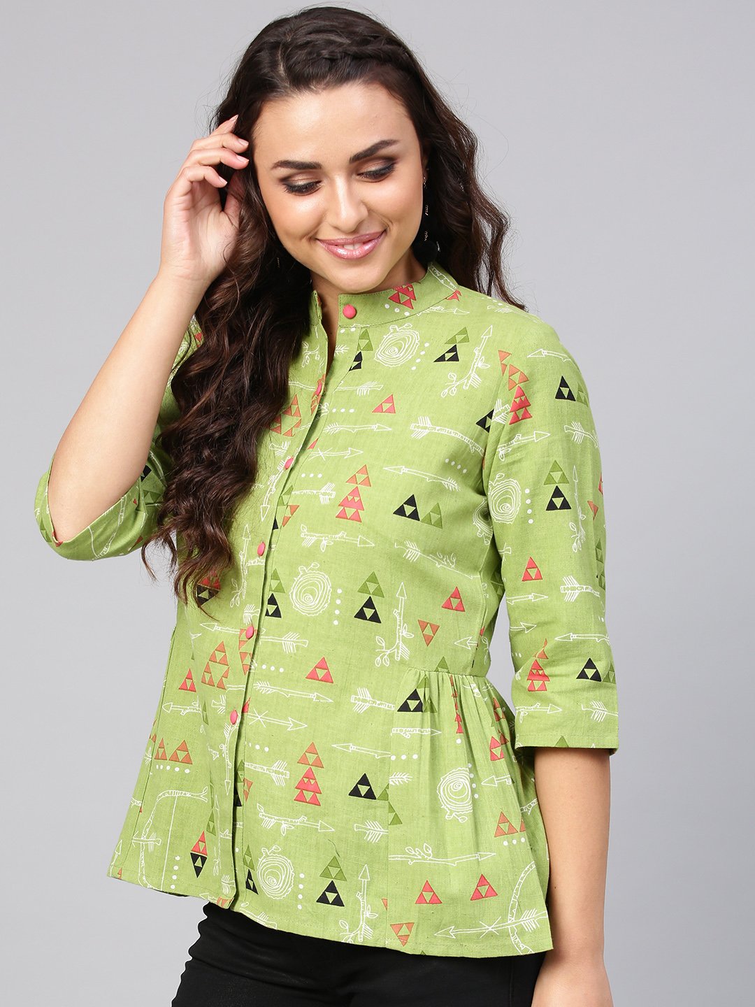 Light Green Tribal Print Tunic With Mandarin Collar & 3/4 Sleeves | LASVINI - Redefining Indian Fashion with Elegance