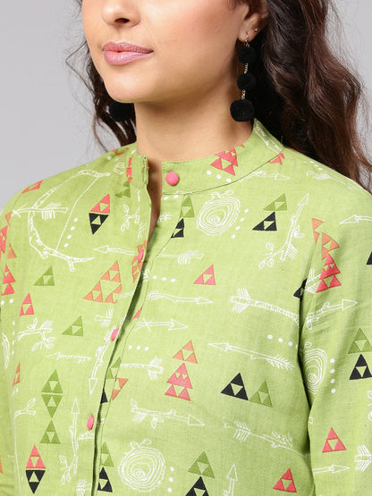 Light Green Tribal Print Tunic With Mandarin Collar & 3/4 Sleeves | LASVINI - Redefining Indian Fashion with Elegance