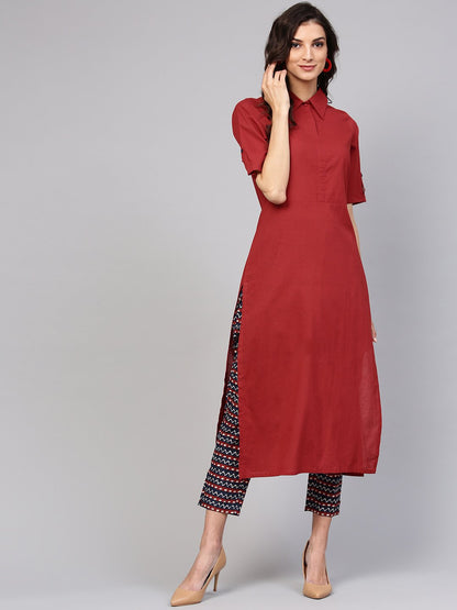 Solid Maroon Shirt Collared Kurta With Indigo Geometric Printed Pants | LASVINI - Redefining Indian Fashion with Elegance