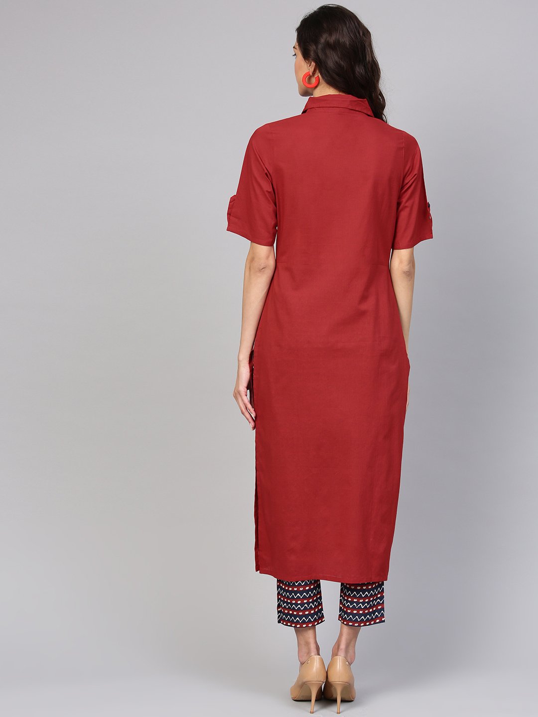 Solid Maroon Shirt Collared Kurta With Indigo Geometric Printed Pants | LASVINI - Redefining Indian Fashion with Elegance
