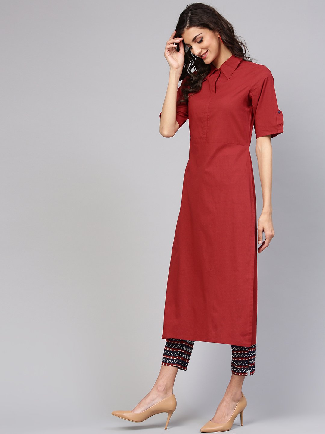 Solid Maroon Shirt Collared Kurta With Indigo Geometric Printed Pants | LASVINI - Redefining Indian Fashion with Elegance