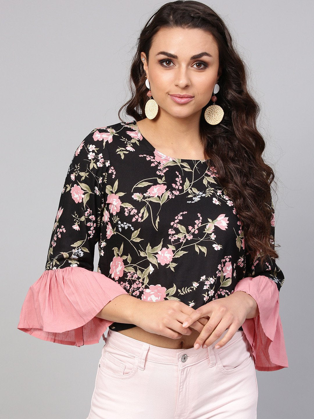 Solid Black Based Multi Floral Prints With A Round Neck And Flared Sleeves | LASVINI - Redefining Indian Fashion with Elegance