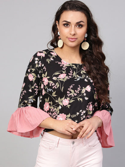 Solid Black Based Multi Floral Prints With A Round Neck And Flared Sleeves | LASVINI - Redefining Indian Fashion with Elegance