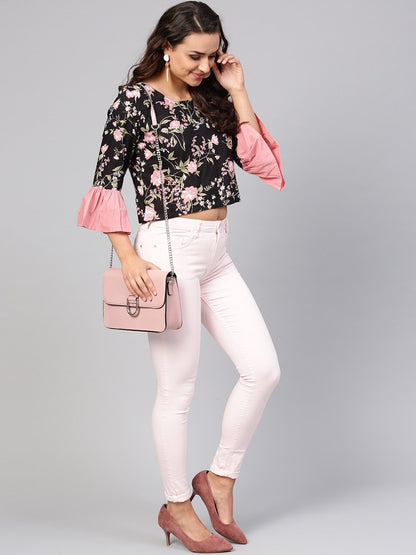 Solid Black Based Multi Floral Prints With A Round Neck And Flared Sleeves | LASVINI - Redefining Indian Fashion with Elegance