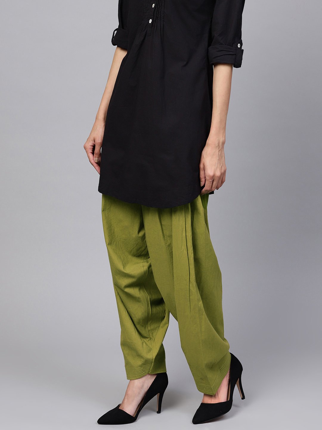 Solid Olive Green Pleated Patiala Salwar With Drawstring Detailing | LASVINI - Redefining Indian Fashion with Elegance