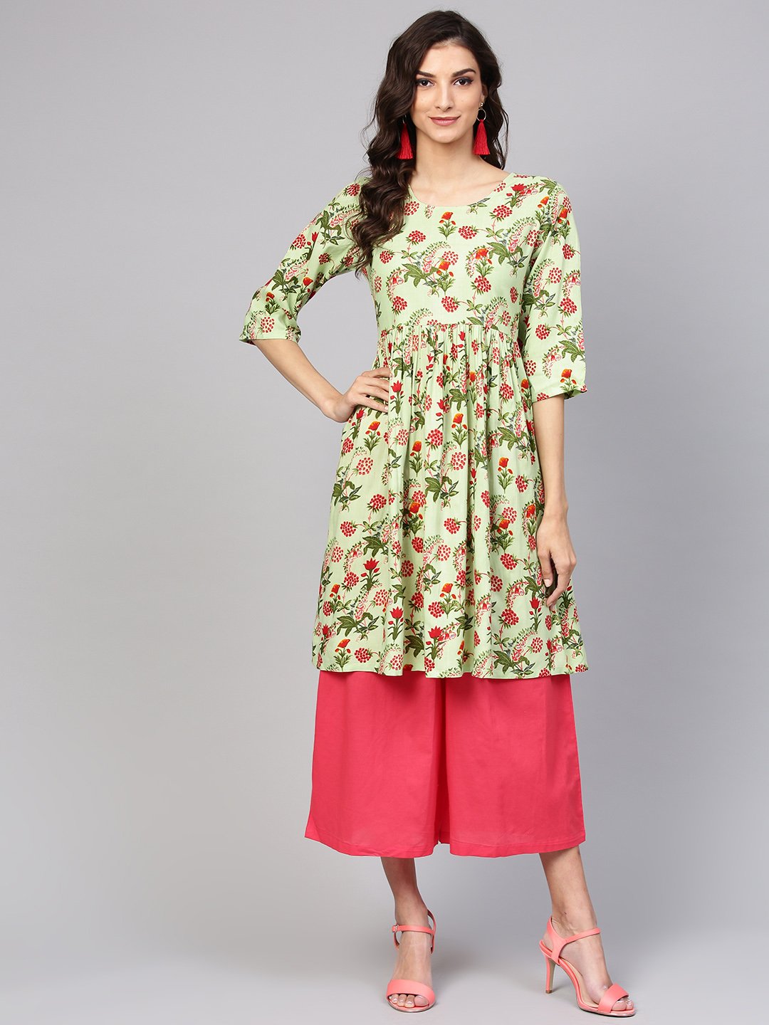 Pastel Green Floral Printed A-Line Cotton Kurta With Solid Coral Culottes | LASVINI - Redefining Indian Fashion with Elegance