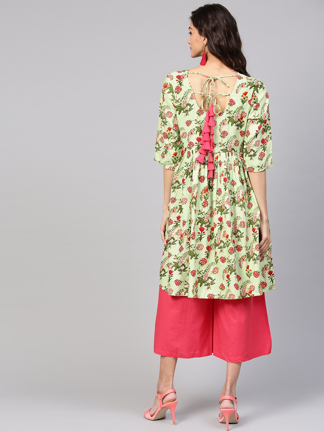 Pastel Green Floral Printed A-Line Cotton Kurta With Solid Coral Culottes | LASVINI - Redefining Indian Fashion with Elegance