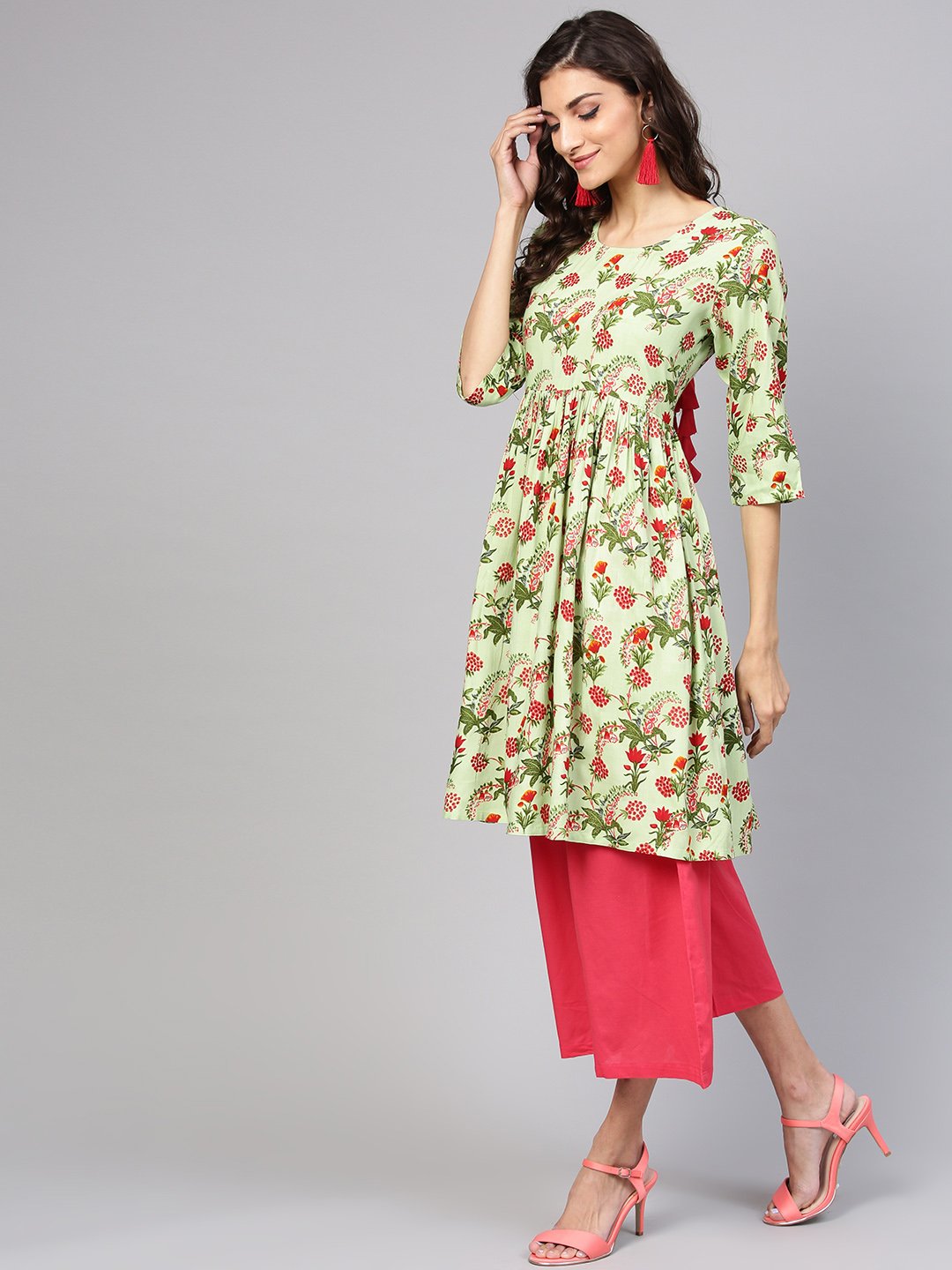 Pastel Green Floral Printed A-Line Cotton Kurta With Solid Coral Culottes | LASVINI - Redefining Indian Fashion with Elegance
