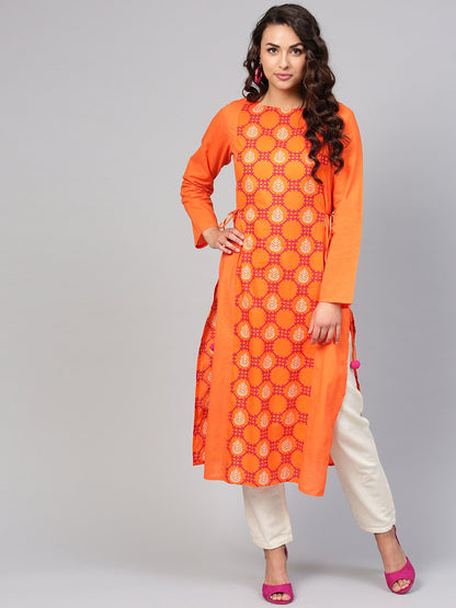 Orange Printed Panelled Kurta With Waist  Doris & Full Sleeves | LASVINI - Redefining Indian Fashion with Elegance