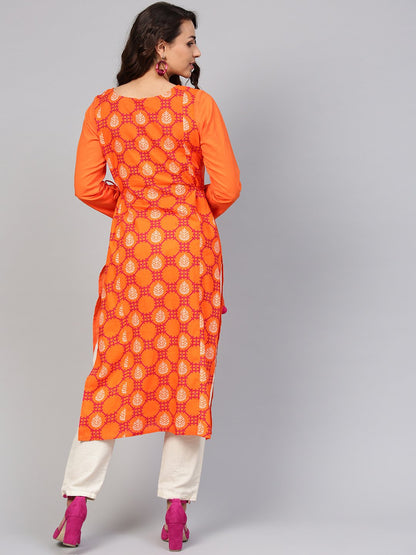 Orange Printed Panelled Kurta With Waist  Doris & Full Sleeves | LASVINI - Redefining Indian Fashion with Elegance