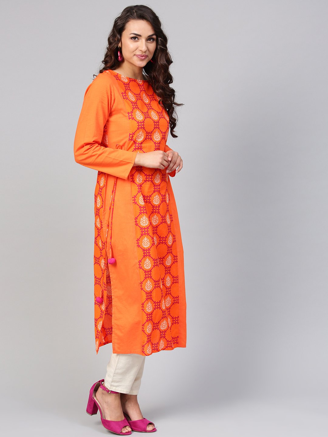 Orange Printed Panelled Kurta With Waist  Doris & Full Sleeves | LASVINI - Redefining Indian Fashion with Elegance