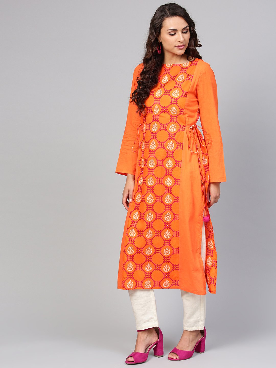 Orange Printed Panelled Kurta With Waist  Doris & Full Sleeves | LASVINI - Redefining Indian Fashion with Elegance