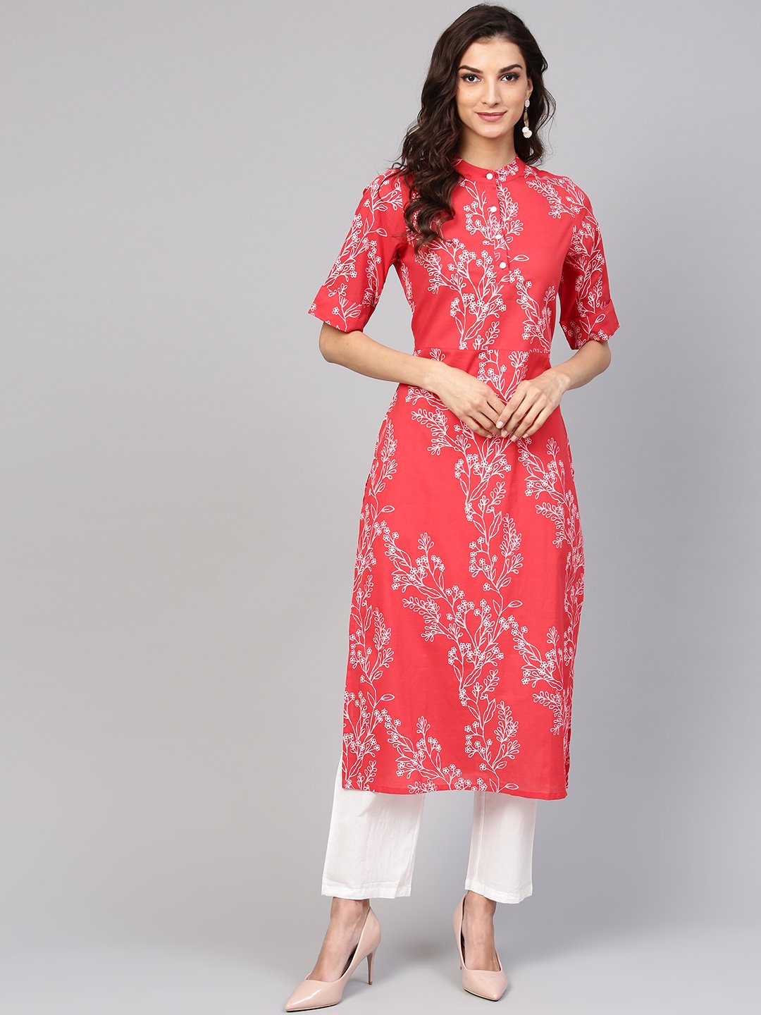 Red Printed Half Sleeve Kurta Set With White Solid Pants | LASVINI - Redefining Indian Fashion with Elegance