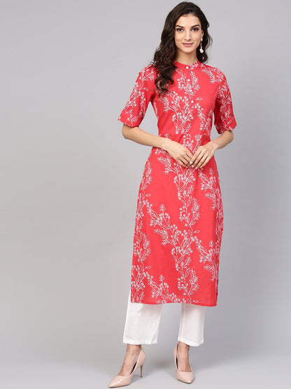Red Printed Half Sleeve Kurta Set With White Solid Pants | LASVINI - Redefining Indian Fashion with Elegance