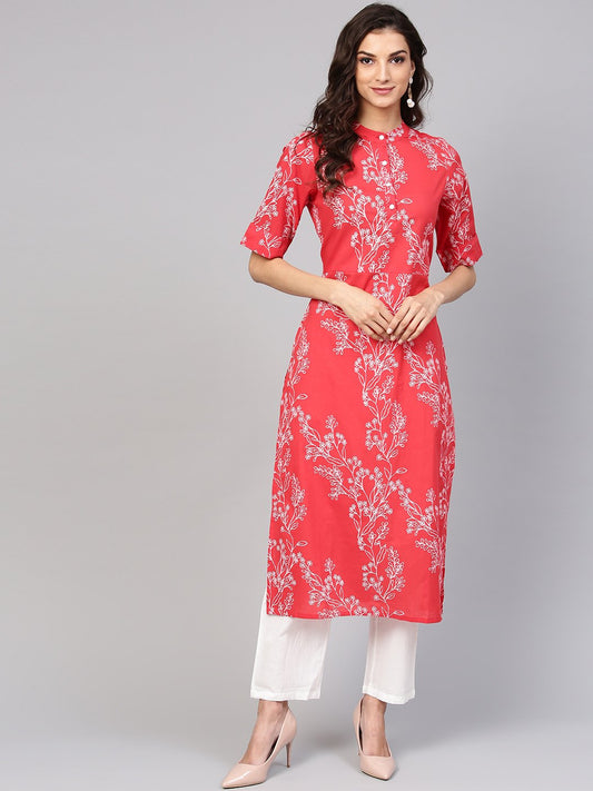 Red Printed Half Sleeve Kurta Set With White Solid Pants | LASVINI - Redefining Indian Fashion with Elegance