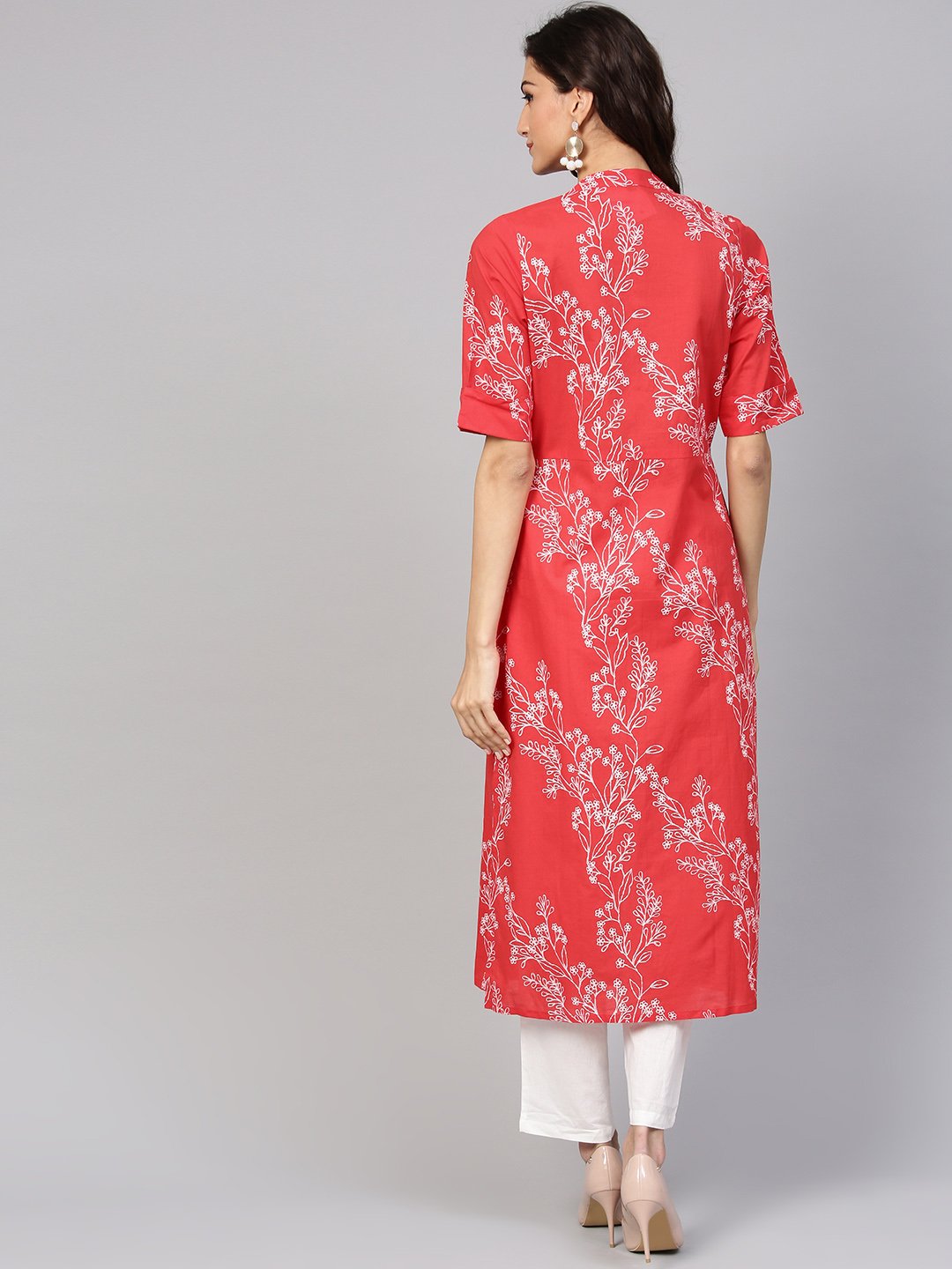 Red Printed Half Sleeve Kurta Set With White Solid Pants | LASVINI - Redefining Indian Fashion with Elegance