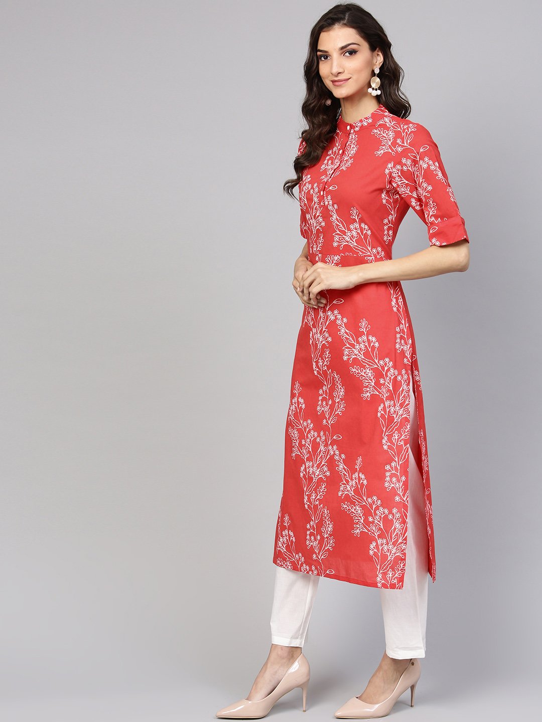 Red Printed Half Sleeve Kurta Set With White Solid Pants | LASVINI - Redefining Indian Fashion with Elegance