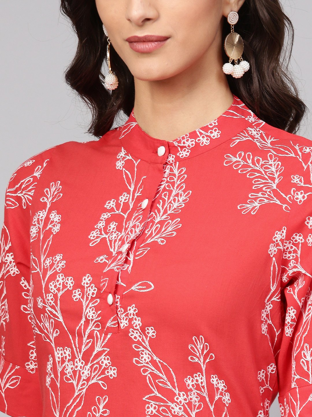 Red Printed Half Sleeve Kurta Set With White Solid Pants | LASVINI - Redefining Indian Fashion with Elegance