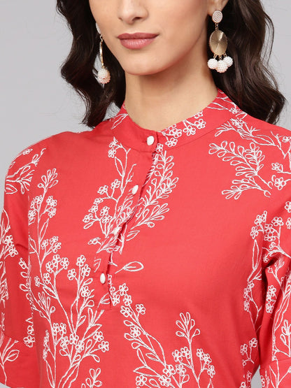 Red Printed Half Sleeve Kurta Set With White Solid Pants | LASVINI - Redefining Indian Fashion with Elegance