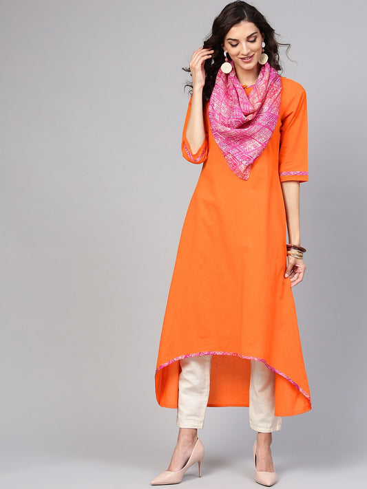 Solid A-Line Orange Kurta With Megenta Stole | LASVINI - Redefining Indian Fashion with Elegance