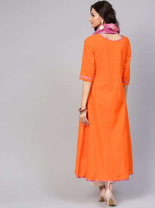 Solid A-Line Orange Kurta With Megenta Stole | LASVINI - Redefining Indian Fashion with Elegance