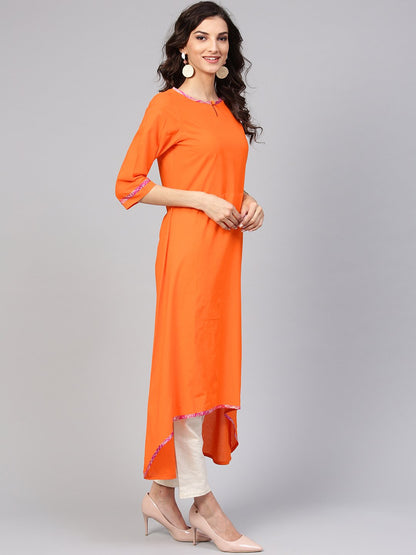 Solid A-Line Orange Kurta With Megenta Stole | LASVINI - Redefining Indian Fashion with Elegance