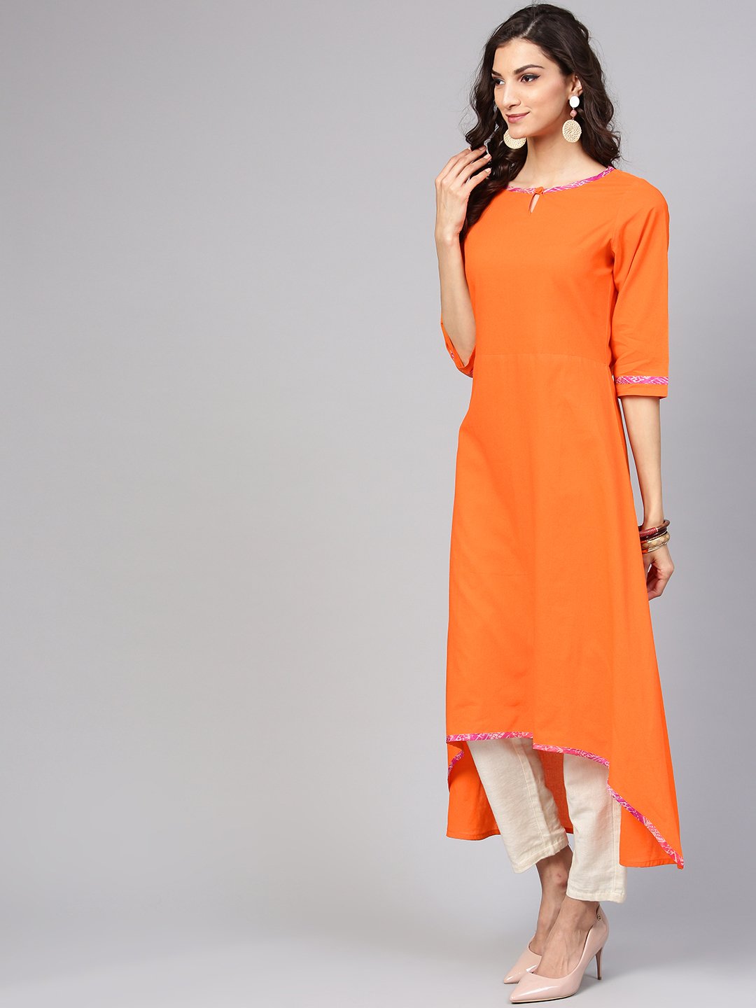 Solid A-Line Orange Kurta With Megenta Stole | LASVINI - Redefining Indian Fashion with Elegance