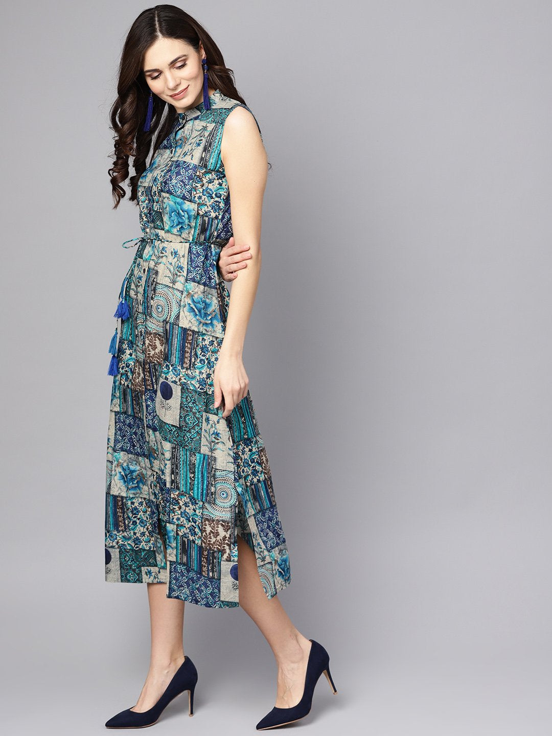 Multi Colored Ankle Length Dress With Madarin Collar | LASVINI - Redefining Indian Fashion with Elegance