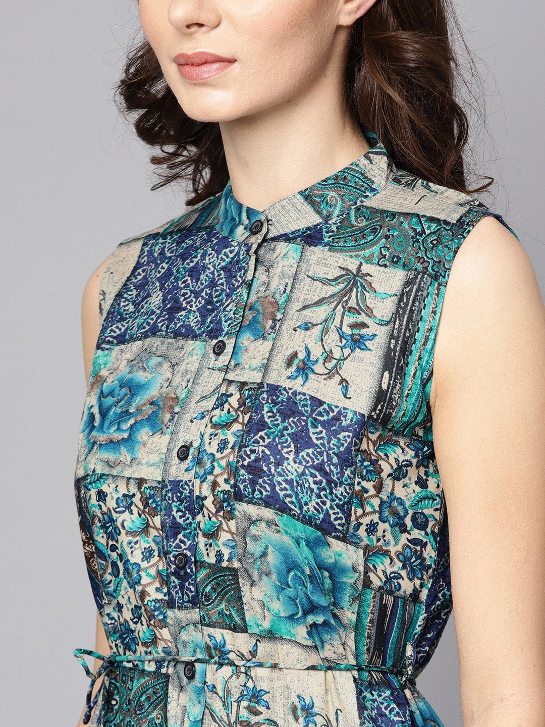 Multi Colored Ankle Length Dress With Madarin Collar | LASVINI - Redefining Indian Fashion with Elegance