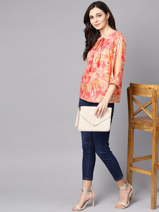 Red & Beige Top With Keyhole Neckline & 3/4 Sleeves | LASVINI - Redefining Indian Fashion with Elegance