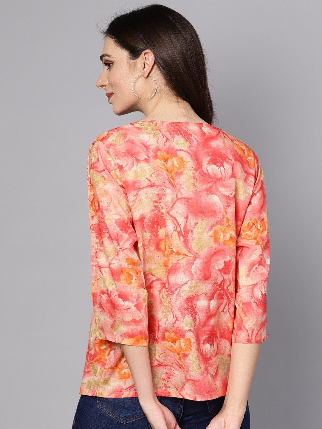 Red & Beige Top With Keyhole Neckline & 3/4 Sleeves | LASVINI - Redefining Indian Fashion with Elegance