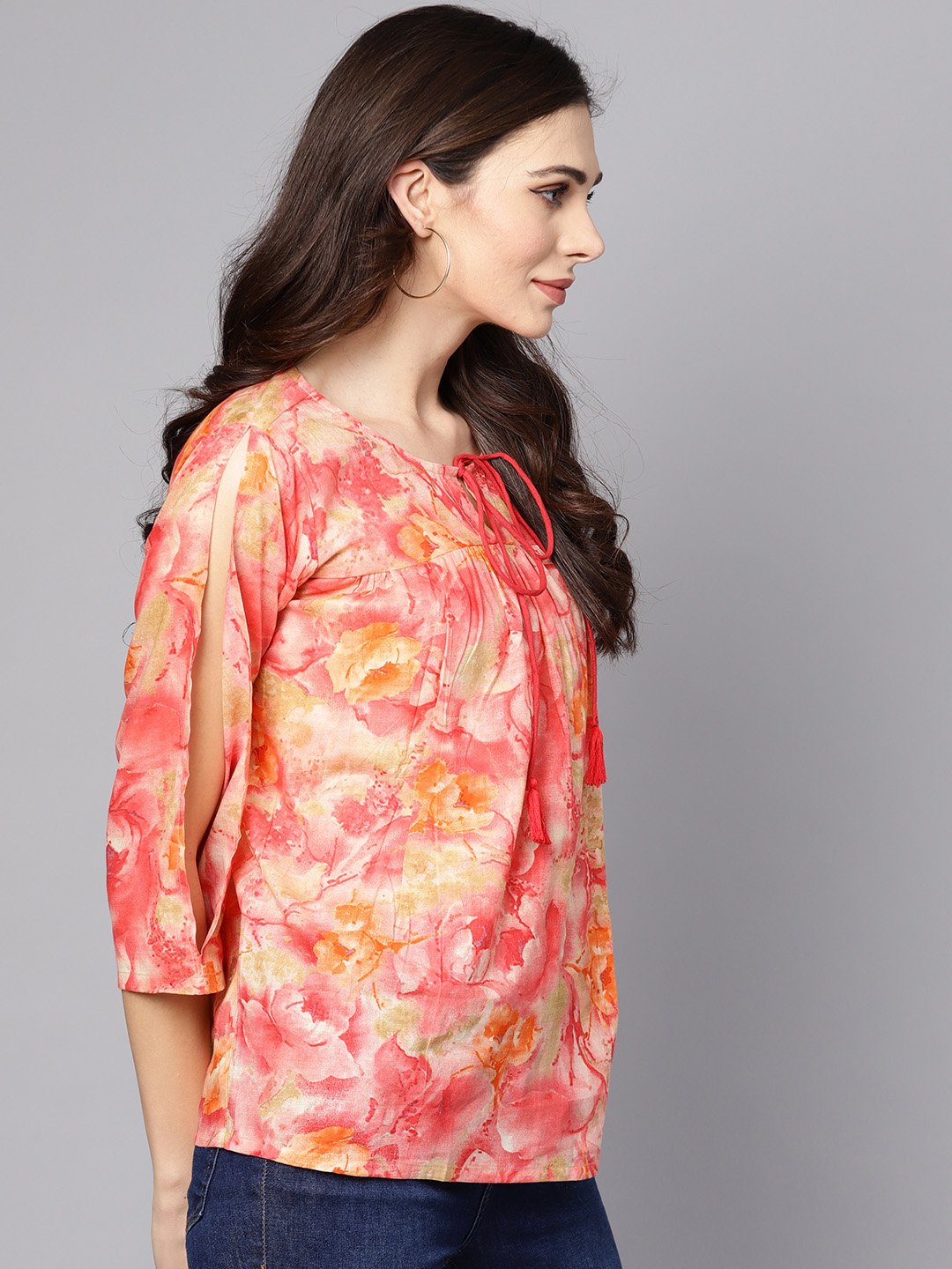 Red & Beige Top With Keyhole Neckline & 3/4 Sleeves | LASVINI - Redefining Indian Fashion with Elegance